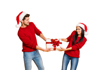 Poster - Profile side of  angry couple pull package wear red sweater pullover santa claus cap denim jeans isolated over yellow background