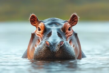 Wall Mural - Hippopotamus with Wet Skin Emerging from Water