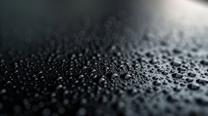 Poster - Tiny droplets of water cling to a smooth black metallic surface, reflecting light and creating a captivating pattern in low light