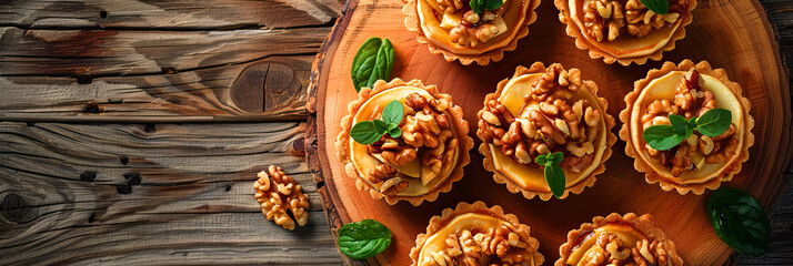 Mini Apple pie tartlets with walnut on wooden table. Delicious dessert for autumn winter dinner