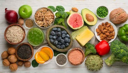 Healthy foods served on the table. Perfect for photo illustration, article, or any cooking contents.