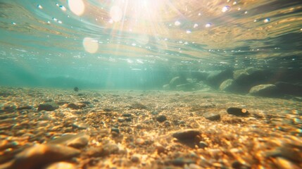 Sunlight filters through clear water, illuminating the sandy bottom and revealing pebbles in a tranquil underwater environment