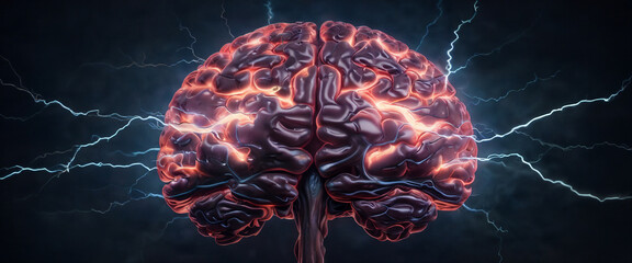 A glowing human brain emits electric energy pulses against a dark background, illustrating the power of thought and cognition