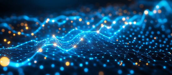 Poster - Stock Market Graph with Glowing Blue Upward Trend and Orange Nodes, computer digital screen background