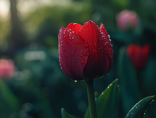 red tulip amidst a lush green garden, soft diffused morning light