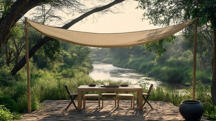 A simple canopy with two thin wooden poles and beige fabric hanging over an outdoor dining table, surrounded by trees overlooking an African river in a safari-style setting.