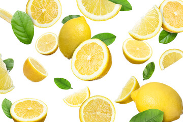 Wall Mural - Fresh juicy lemons and green leaves falling on white background