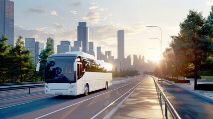 A white modern comfortable tourist bus travels through the city in bright sunlight. Travel and bus tourism concept.