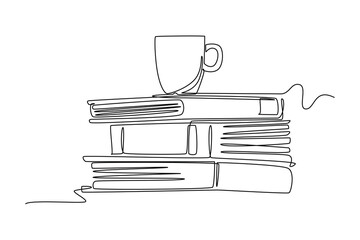 Fototapete - Single continuous line drawing cup of coffee or tea on pile of books on office desk. Work space table with books stack. Education and learning concept. One line draw graphic design vector illustration