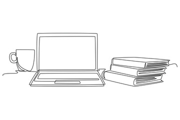 Fototapete - Single one line drawing of computer laptop, paper cup of coffee and open book on office table desk. College student study learning desk. Modern continuous line draw design graphic vector illustration
