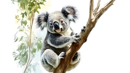 Cute koala bear sitting on a tree branch in a lush green forest