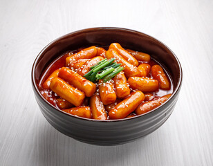 Wall Mural - Tteokbokki (simmered rice cake) on a large bowl. The concept of traditional Korean spicy food. Studio shot.