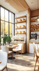 Canvas Print - Modern Bakery Cafe Interior with Wooden Accents and Sunny Window.