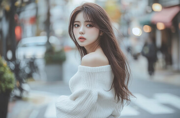 Poster - a beautiful Japanese woman with long hair and a slim figure, wearing a white knit sweater on top of grey high-waisted pants, standing in the street