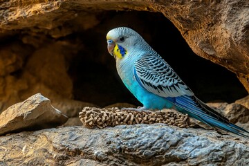 Wall Mural - A Budgerigar Perched on a Rock Near a Cave Opening