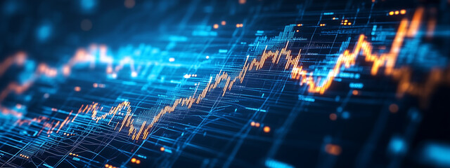 Poster - Abstract Visualization of Tech Stock Market Data with Blue and Orange Trends, computer digital screen background, computer digital screen background