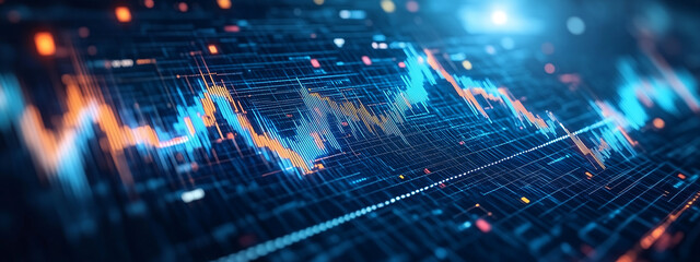 Poster - Abstract Visualization of Tech Stock Market Data with Blue and Orange Trends, computer digital screen background, computer digital screen background