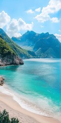 Wall Mural - A beautiful beach with a clear blue ocean and mountains in the background. The sky is mostly clear with a few clouds scattered around. Scene is peaceful and serene, with the ocean