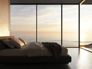 Wall Mural - Luxury minimalist bed room. Ocean view outside the window. Spacious cozy bed.