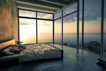 Wall Mural - Luxury minimalist bed room. Ocean view outside the window. Spacious cozy bed.