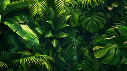 Poster - A lush green jungle with many different types of plants and trees