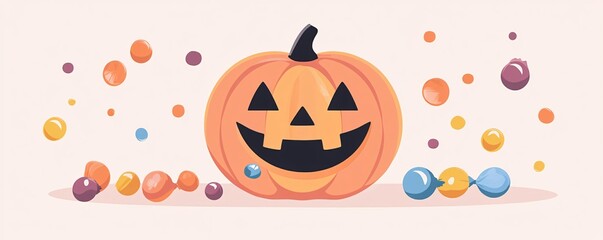 Wall Mural - Grinning jack-o-lantern is surrounded by vibrant candies on a pink backdrop