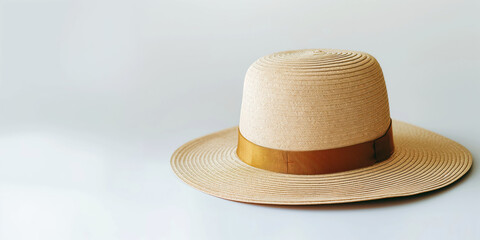 Elegant straw hat with brown ribbon on minimalist background