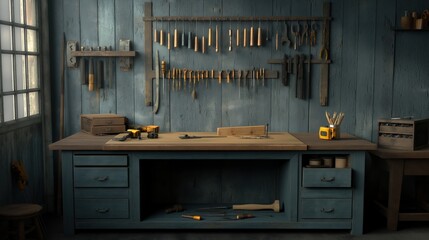 Workshop scene with various woodworking tools