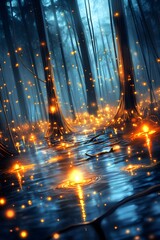 Wall Mural - Magical Forest Night With Glowing Lights