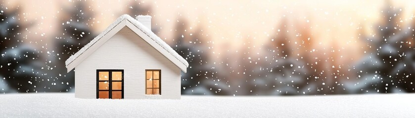 Custom home exterior, winter season, snow-covered roof and lights, Watercolor style