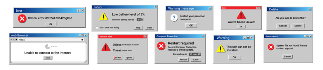 Retro error message. Damaged computer problem warnings. Crash widgets in old style.