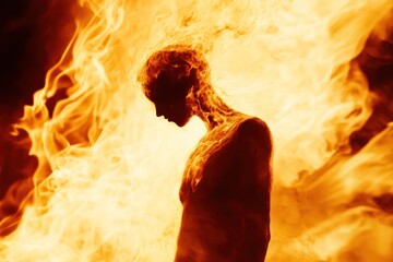 Profile silhouette of a person engulfed by flames