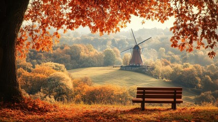 Canvas Print - Serene Autumn Landscape with Windmill and Wooden Bench