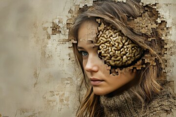 Wall Mural - Cortical synchronization Future thinking Womans head integrated with a tree bark like texture symbolizing the deep connection between nature and the human mind in a surreal earthy portrayal