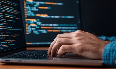 Wall Mural - close-up of programmer hands typing code on laptop keyboard with blurred code on the screen - software development and coding concept.