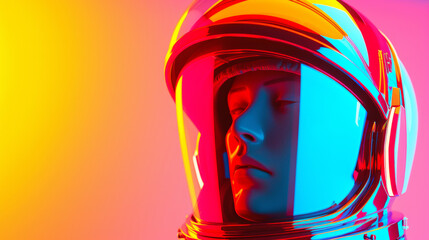 Wall Mural - 3D astronaut illustration with rainbow colorful gradient bold neon lights and orange pink vibrant colors in futuristic cyberpunk style with glossy texture for digital cool background