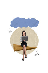 Poster - Collage image of beautiful clever girl sitting plane calculating equation solving homework isolated on beige color drawing background