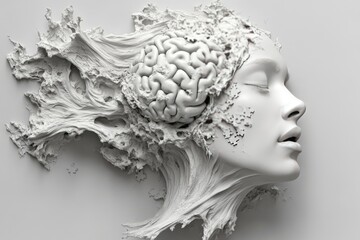 Poster - Joint attention Cognitive development 3D sculpture of a woman with brain textures flowing from her head symbolizing creativity and the fluidity of thought in an abstract white composition