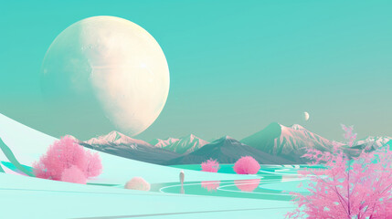 Wall Mural - 3D futuristic planet with green mountains pink trees and huge moon in the sky as fantasy landscape for digital painting dreamy vibrant background