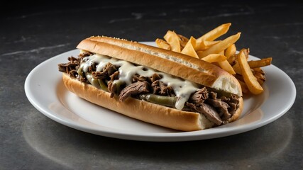 regional american dishes philly cheesesteak Pennsylvania isolated on an aesthetic plate, concept for advertisement