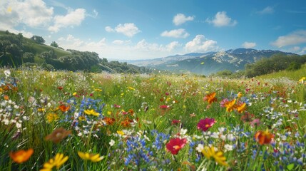 Wall Mural - A field of wildflowers with a blue sky in the background