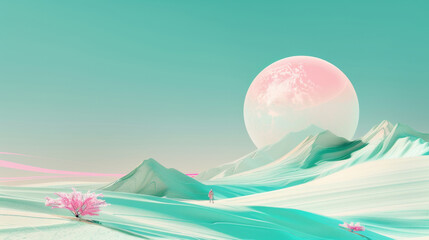 Wall Mural - 3D futuristic planet with green mountains pink trees and huge moon in the sky as fantasy landscape for digital painting dreamy vibrant background