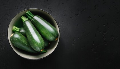 Canvas Print - Zucchini in a bowl on a black background, top view, copy space