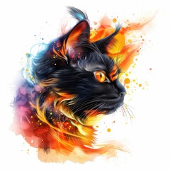 Wall Mural - Black Cat In Fiery Watercolor Painting  Mystical Animal Portrait