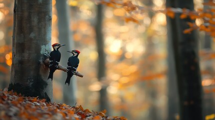 Poster - Woodpeckers Perched on a Branch in the Autumn Forest