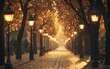 © Gromik - a quiet street lined with vintage street lamps glowing softly during an early autumn evening, surrounded by trees with golden leaves