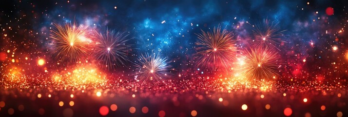Wall Mural - Red and Blue Fireworks Display with Sparkling Glitter