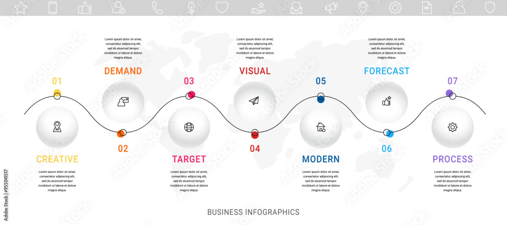 Vector line infographics with seven circles. Business concept graphic ...