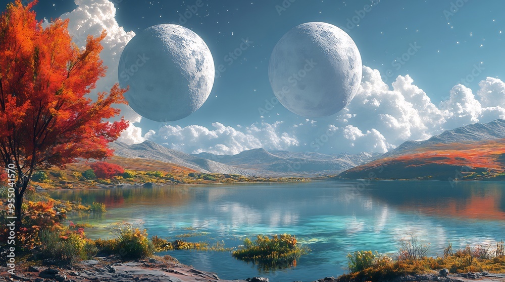 Digital painting of serene alien landscape with two moons in the sky ...