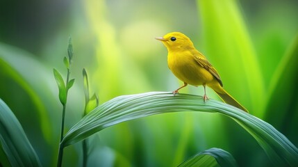 Poster - A Yellow Bird Perched on a Leaf